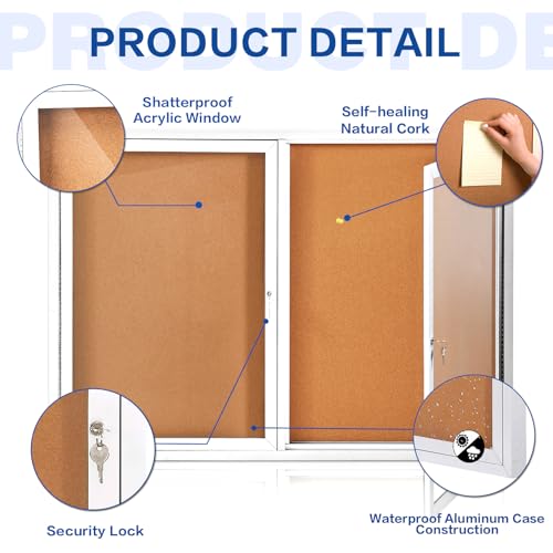 SWANCROWN Weather Resistant Enclosed Bulletin Board Cork Displays Boards Wall Mounted Notice Case with 2 Locking Door