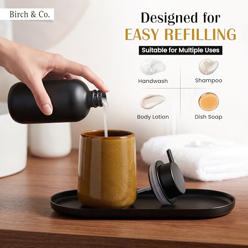 Image of Birch & Co. Premium Handwash Dispenser - Liquid Soap Dispenser for Wash Basin - Ceramic Soap Dispenser - 400 ml Soap Dispenser, Toothbrush Holder & Soap Dish, Modern Countertop Organizer,HoneyBrown