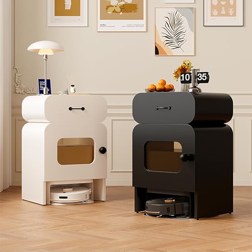 ksxnkhk Armario Oculto para Robot Aspirador, Soporte para Cambio de Agua, Mueble Auxiliar con cajones y Puertas de Cristal, para salón o Dormitorio (Negro).
