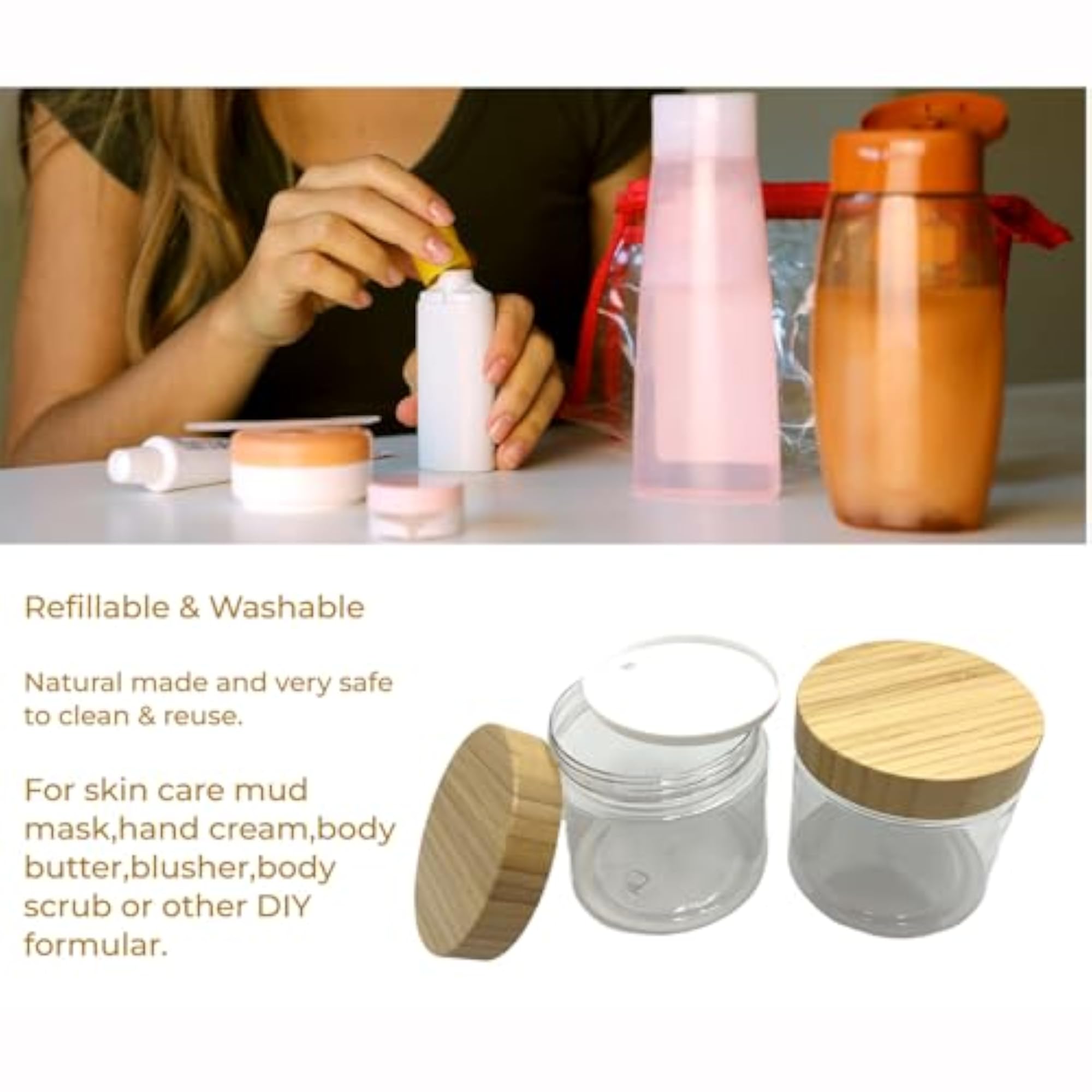 Empty Bamboo Lid Jar 16oz Refillable Plastic Round Cosmetic Container