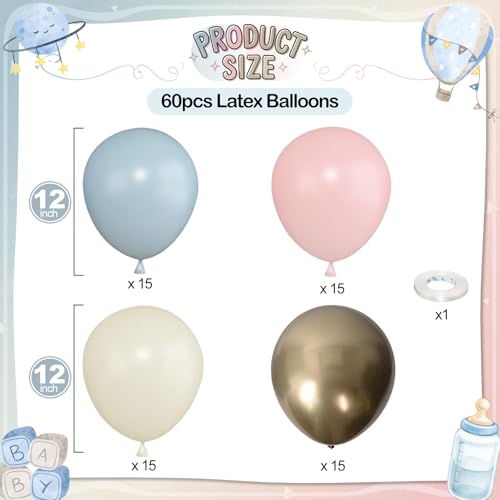 Image of Gender Reveal Balloons, 60 Pcs 12 Inch Dusty Pink Blue Balloons, Chrome Gold Sand White Balloon for Boho Neutral Gender Reveal Baby Shower Birthday Boy or Girl Bridal Bear Theme Party Decorations