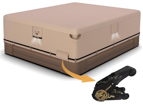Qh.home IP65 Waterproof Hot Tub Cover, Wind & UV Resistant 600D Polyester 102x93 Spa Cover for Hot Tub, with Ratchet Strap System, Fits 100x92,100x91,100 x 90,98 x 91, 97 x 90 Rectangle SPA,Wheat