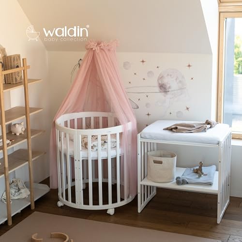 Miniatura 5 de Waldin Cuna Ovalada 7en1, Con Colchón Y Ruedas, Con Cambiador, De Crecimiento, Cama Para Bebé, Colecho De Madera Blanco, Textiles Animales Rosa
