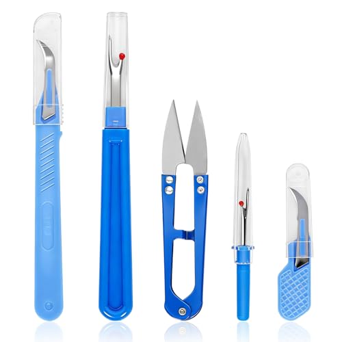 WhSunVo Seam and Thread Remover Kit, Large & Small Stitch Rippers with Long-Handle and Thumb Suture Cutter, and Transparent Cover Suture Scissors for Sewing Needlework DIY Craft (Metal)