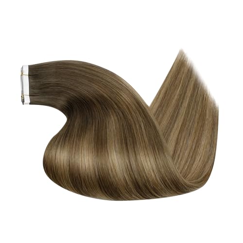 Image of LaaVoo Weft Tape Hair Extensions Medium Brown to Golden Brown Tape on Extensions Balayage Human Hair Tape in Weft Extensions 120g 20inch 4pcs