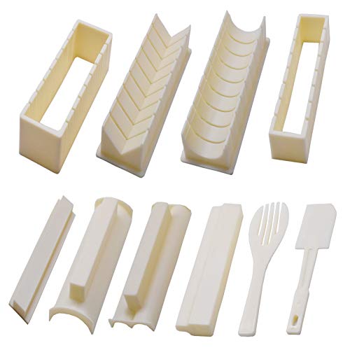 Sushi Making Kit for Beginners Deluxe Version with Complete Sushi Mold Set, 10 Pieces of Plastic Sushi Maker Kit, Diy Sushi Rice Roll Mold Fork Spatula, Sushi Roll Shape (Off-white)