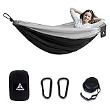 Aodoer Camping Hammock - Travel Hammock with 2 Tree Straps, Single Hammock, Durable Nylon Parachute Portable Hammock for Outdoor, Hiking, Backpacking, Yard (Black & Grey)