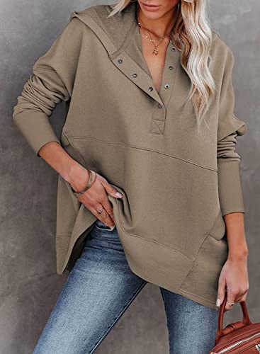 Women Casual Button Hoodies Oversized V Neck Long Sleeve Pullover Sweatshirt Hooded Tops With Pockets Coffee #TOP3