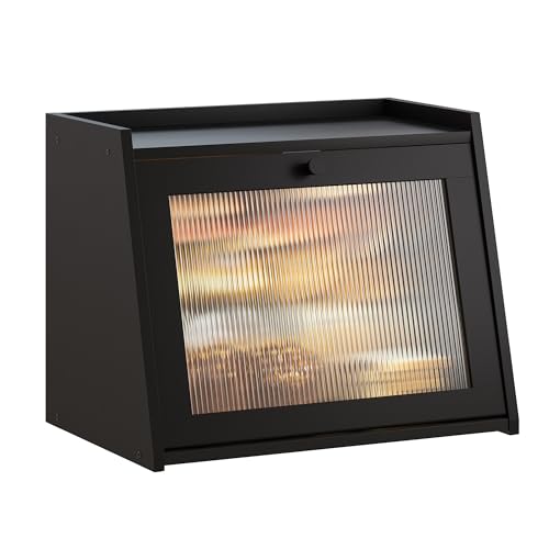 GHWIE Large Bread Box, Easy Access & Cleaning - Bamboo Bread Box for Kitchen Countertop with Acrylic Door (Black, Large)