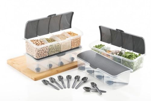 Image of Multipurpose 4 In 1 Masala Box for Kitchen, 4 Compartment Storage Container for Spices, Pickle, Dry Fruits,Grains, Snacks,1800 Ml Capacity with 4 Spoons (Black) (1)