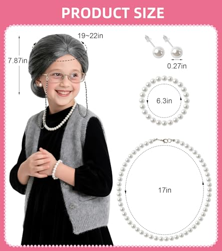 EVAFESNS 100 Days of School Old Lady Grandma Costume Accessories Set-Includes Wig, Glasses,Glasses Chain,Folding Cane,Faux Pearl Set (Classic)