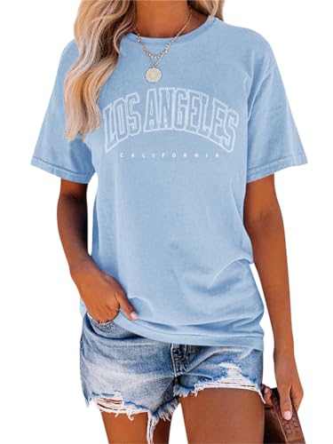 Tomwell T-Shirt Damen Sommer Los Angeles Tshirt Kurzarm Rundhals Oberteile Casual Sport Shirt Basic Tee Shirts A Hellblau L