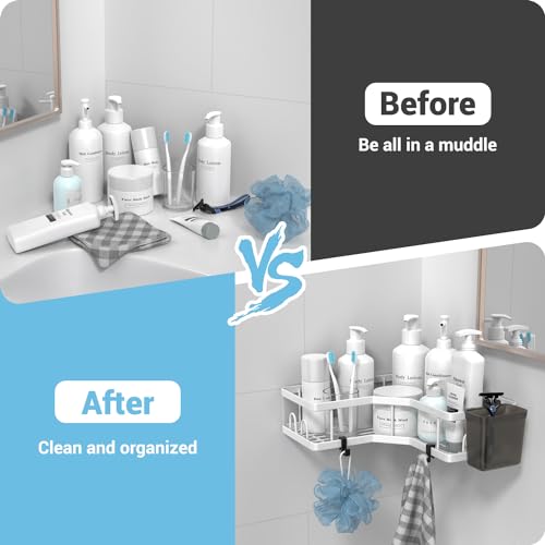 Image of AKTECKE Shower Caddy Corner Organizer Shelf: 2Pack Adhesive Shower Essentials Accessories - No-Drilling Stainless Steel Bathroom Storage Rack with Hooks