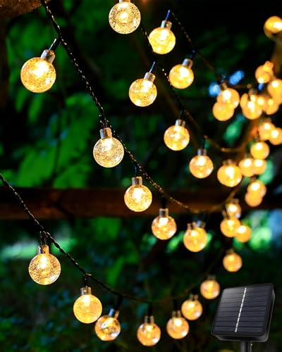 AdalyRoma Cadena de luces solares para exteriores, 6 metros, 30 bolas de cristal LED, 8 modos de iluminación, resistente al agua IP65, blanco cálido, ideal para jardín, balcón, terraza y árboles