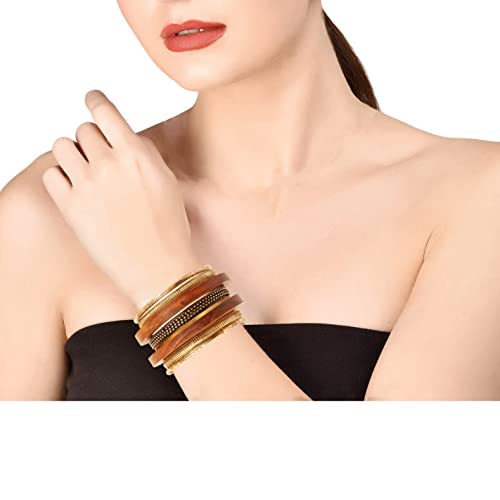 New! Touchstone Indian Bollywood Handcrafted Pretty Assorted Pattern Designer Jewelry Brass And Wooden Bangle Bracelets Set Of 7 In Antique Gold And Natural Tones For Women. #TOP1