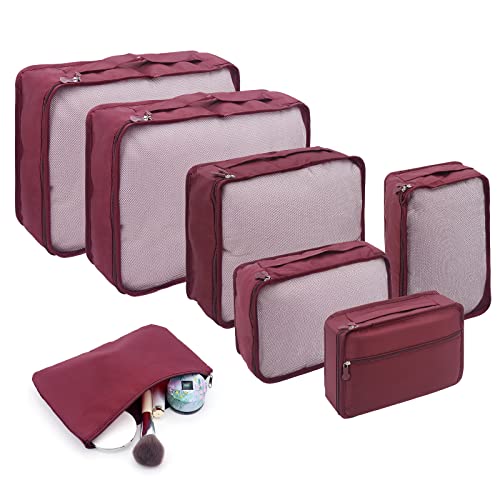 ShawFly Set de Organisateur De Bagages, 7 pièces Cubes de voyage pour valise Organisateurs d'emballage de bagages légers Sacs essentiels de voyage pour accessoires de voyage (Bourgogne) Cover