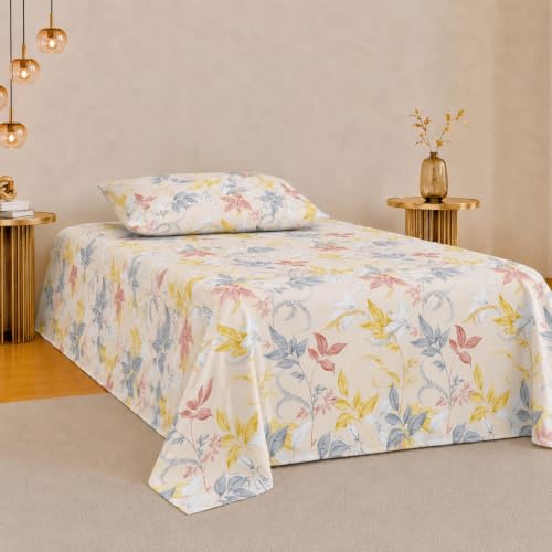 Image of Jaipur Weaves Single Bed Cotton Bedsheet with 1 Pillow Cover, 100% Pure Cotton Single Bedsheet 60x90 Inches, 240 TC Soft Breathable Floral Bed Sheet - (Orange Floral, Single)