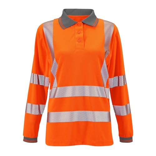 Image of Hi Vis Polo Shirt Ladies Reflective High Visibility Viz Women Workwear | Short & Long Sleeve (10, Orange - Long Sleeve)