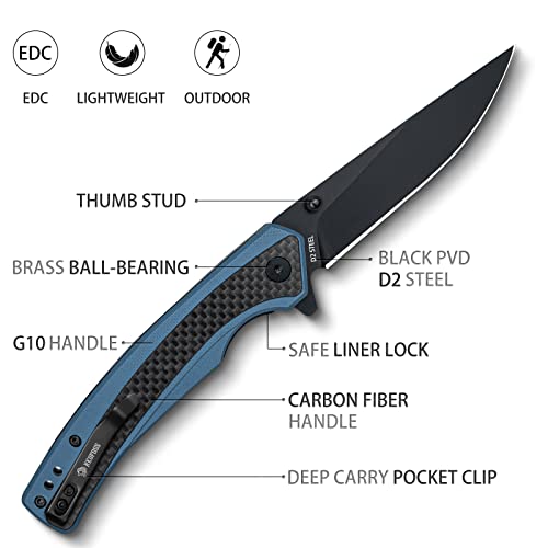 Nedfoss Dolphin Pocket Knife For Men, D2 Steel Black Pvd Blade Folding Knife With Carbon-Fiber Insert G10 Handle, Brass Ball Bearing Pivot Opening, Pocket Clip For Edc #TOP4