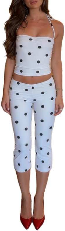 Women Polka Dot 2 Piece Sets Summer Vacation Pants Set Halter Neck Crop Top Capri Pants Lounge Club Outfits