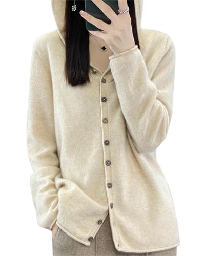 Image of Cashmere Sweaters for Women Button Down V Neck Hooded Cardigan Casual Loose Long Sleeve Soft Knit Pullover Tops Apricot