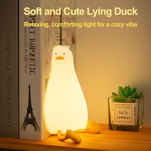 Kibbidea Cute Duck Night Light, Lazy Duck Squishy Lamp Touch Control, Non-Toxic Silicone, Funny Bedside Animal Nightlight with Timer & Rechargeable for Kids Room Desk Decor, Gifts for Girl,Boy,Women