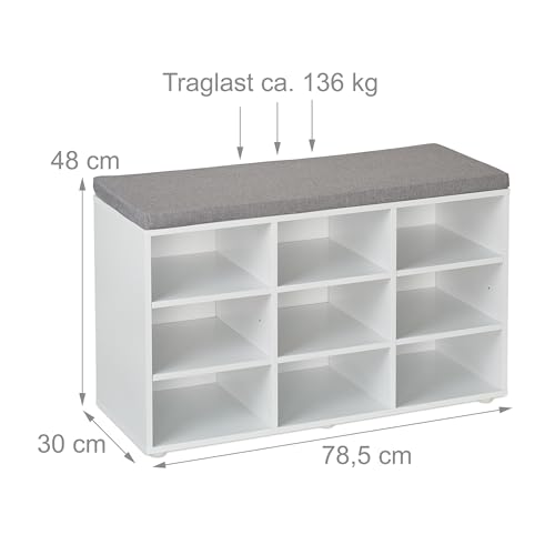 Relaxdays Banco Zapatero con Asiento, 9 Cajones, Tapizado, Pasillo o Entrada, Descalzadora, 48x78,5x30 cm, Blanco/Gris - imagen 3