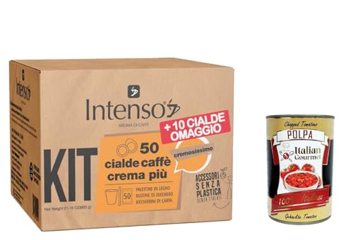 Intenso Crema Piu Espresso, 50 cápsulas de café ESE de 44 mm, kit con vasos, varillas agitadoras y bolsas de azúcar + polpa italiana gourmet 400 g