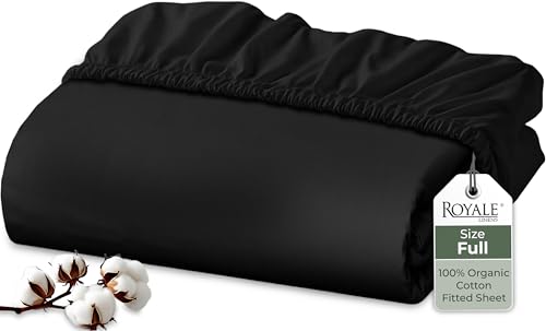 Image of Royale Linens 100% Organic Cotton Fitted Sheet - Percale Weave - Super Soft Deep Pocket Bottom Sheets - Black Elastic Sheet Full Size - Full Fitted Sheets Only - (54 inchx75 inch+15 inch, Black)