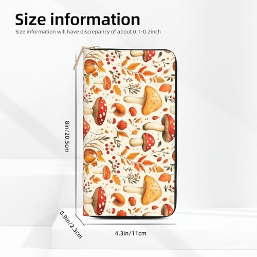 Leather Thin Slim Wallets for Women & Men - Mushroom Maple Leaves Print Card Wallet Holder with Zipper2