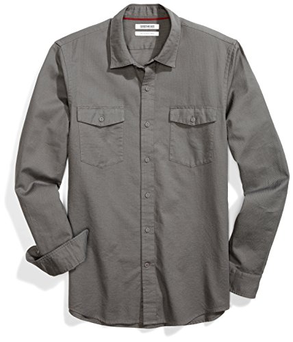 Goodthreads Men's Slim-Fit Long-Sleeve Ripstop Dobby Shirt, Grey, Medium