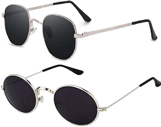 Younky Unisex Combo Offer Pack of 2 Black Stylish UV400 Protected Round Pathan Sunglasses for Men and Women with Box #2-117