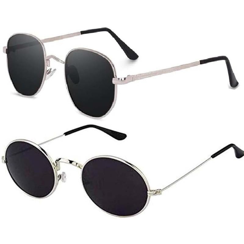 Unisex Combo Offer Pack of 2 Black Stylish UV400 Protected Round Pathan Sunglasses for Men and Women with Box #2-117