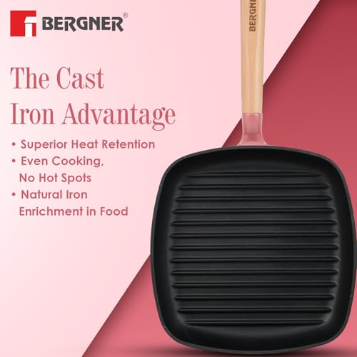 Image of BERGNER Excalibur Lightweight Cast Iron Square Grill Pan 24cm, Sturdy Wooden Handle, Non-Stick Coating, PFAS Free, Perfect Heat Distribution, Elegant Design - Induction Compatible (Pink)