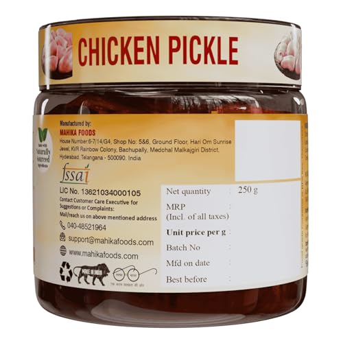 Image of MAHIKA FOODS Chicken Pickle, Andhra Style Homemade Fresh Chicken Pickles, Murgh Achar Authentic Taste of Kerala, Hot & Spicy, with Guntur Flavor, No Added Preservatives, Size: 250 Gm