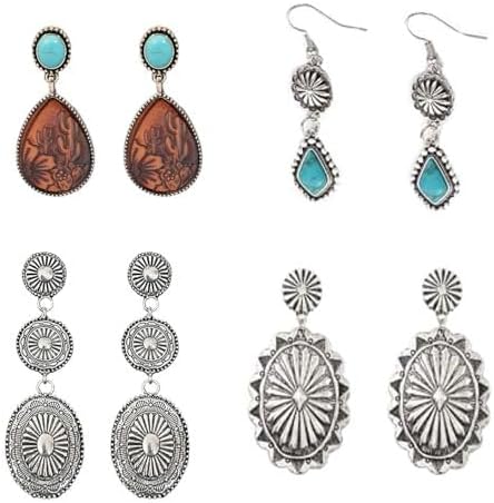 Western Earrings for Women Bohemian Silver Oval Teardrop Turquoise Earrings Dangle Western Country Cowgirl Jewelry Accessories Gift