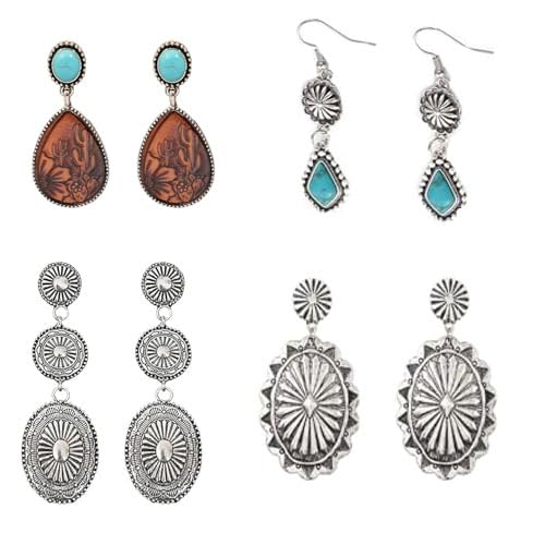 Western Earrings for Women Bohemian Silver Oval Teardrop Turquoise Earrings Dangle Western Country Cowgirl Jewelry Accessories Gift