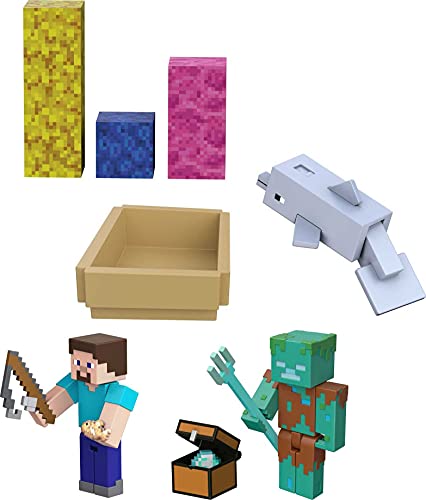 Minecraft Treasure Hunt Adventure Pack Figures, Accessories and Papercraft Blocks, Complete Play in a Box, Toy for Kids Ages 6 Years and Older
