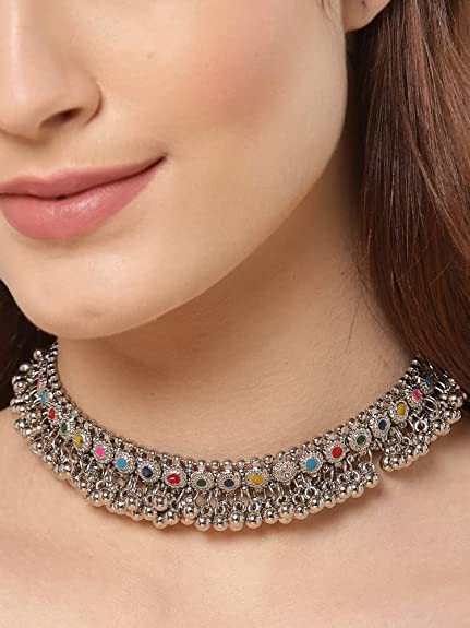 Indian Designer Silver Oxidized Ethnic Statement Traditional Ghungroo Beads Choker Necklace Jewelry Multi2