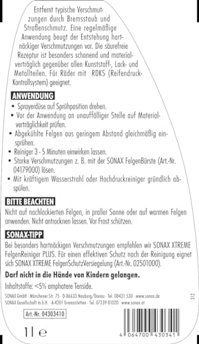 SONAX FelgenReiniger (1 Liter) säurefrei für Leichtmetall- & Stahlfelgen, entfernt schnell und einfach Bremsstaub und Straßenschmutz | Art-Nr. 04303410