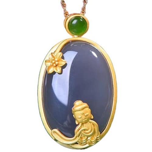 Pendentif en calcédoine naturelle avec sautoir rétro fait main