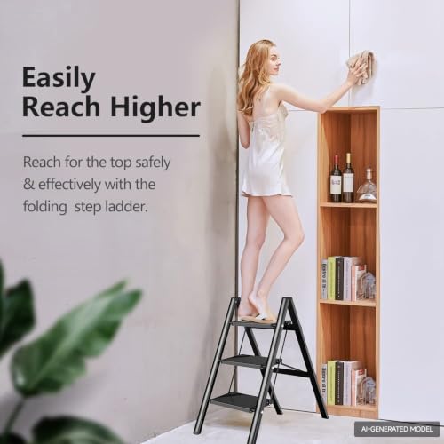 Image of SOLADDER 3 Step Ladder, Folding Step Stool, Lightweight Stepladder, Black