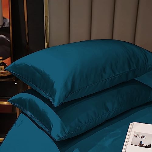 Image of Soft and Silk Satin Bedsheet for Single Bed - 400 TC Romantic Bedsheet Set for Bedroom | Bridal Wedding Bedsheet with Pillow Cover | Ideal for Gifting Teal, Single Bed