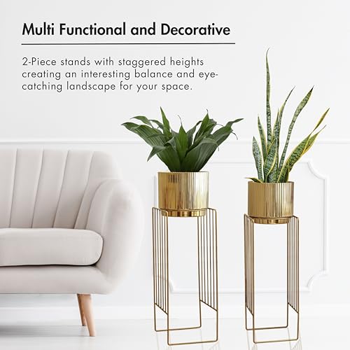 Image of BEHOMA Gold Metal Floor Planters with Stands Set of 2 | Modern Tall Planter for Home Decor, Decorative Plantpot for Living Room, Big Plant Stand with Pots