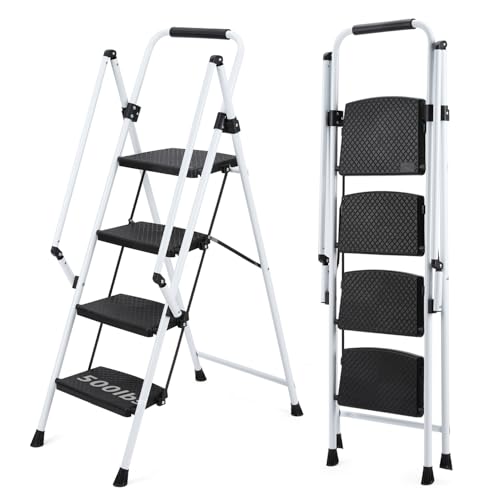 Image of 4 Step Ladder,Folding 4 Step Stool with Handrails, Sturdy Steel Ladder with Wide Pedal, Ladders for Home Kitchen Pantry Office, 500 lb Sturdy Steel Ladder for Adults Portable