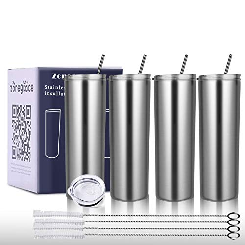 Zonegrace 4 Pack Stainless Steel Silver Skinny Tumbler with straw,20 oz Stainless Steel Double-Insulated slim Water Tumbler Cup With Lid and Straw Vacuum Travel Mug Gift for Men and Women