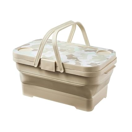 Jgo Plastic Picnic Basket Folding Storage Box with Lid and Soft Handle, Tableware Basket, Space Saving, Portable Water Bucket Leak-Proof Collapsible Travel Storage Box for Fishing BBQ Travel Picnic