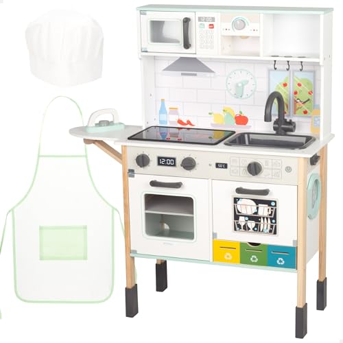 WOOMAX Cocinita de Madera, con luz y Sonido, Horno, Microondas, Fregadero, Plancha, Accesorios, Cocinita de 60x30x97 cm, Juego simbólico e imaginación, Niños Desde 3 años (39074)