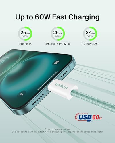 Image of Belkin Apple Certified Braided USB-C to USB-C Cable - Pack of 2 | 60W | PD Compatible | iPhone 17 /16 /15 /iPad /MacBook /Various Windows, Samsung Galaxy S25, Google Pixel 10 | 1.5M | Green