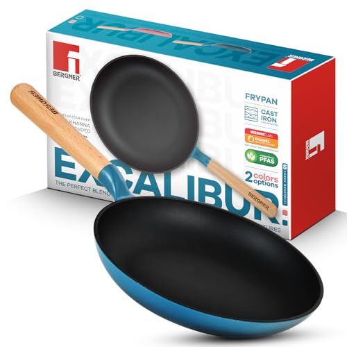 Image of BERGNER Excalibur Lightweight Cast Iron Frypan 24cm, Sturdy Wooden Handle, Non-Stick Coating, PFAS Free, Perfect Heat Distribution, Elegant Design - Induction and Gas Stove Ready (Blue)